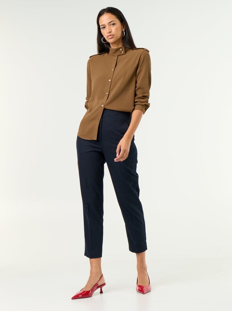 Blouse met hoge kraag en schouderstukken Bruin - Kiabi