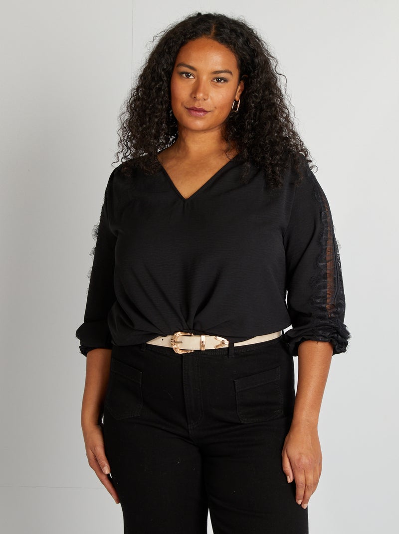 Blouse met kant aan de mouwen zwart - Kiabi