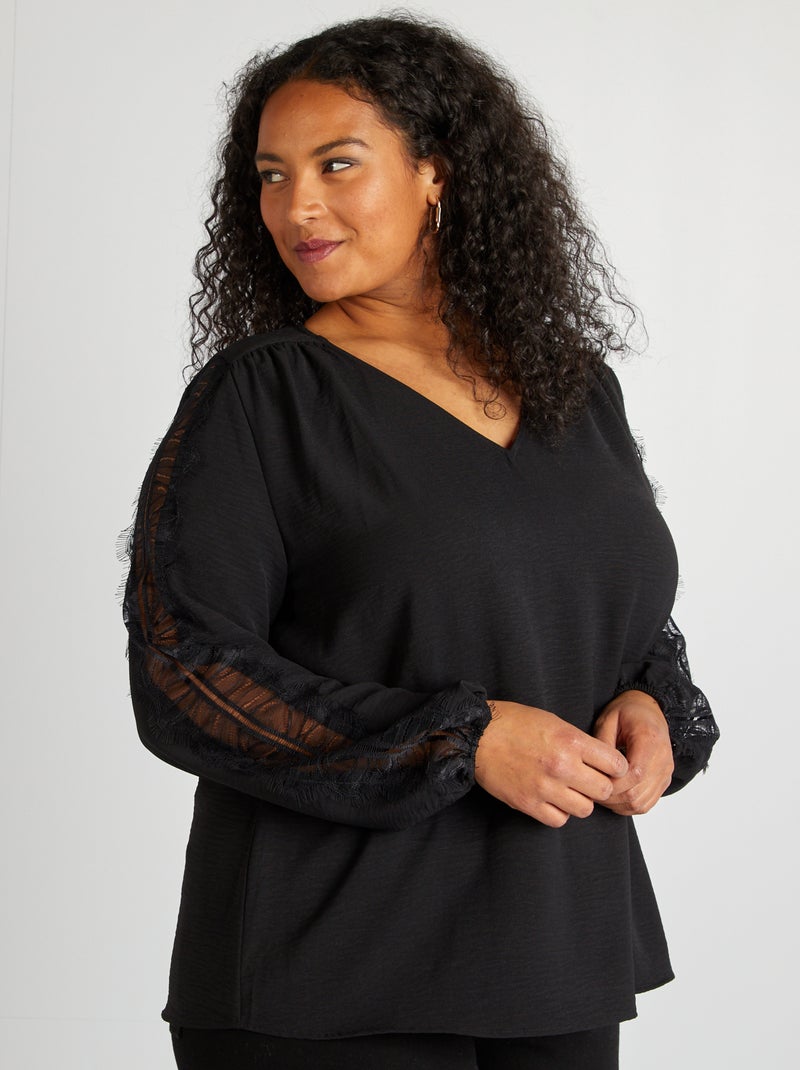 Blouse met kant aan de mouwen zwart - Kiabi