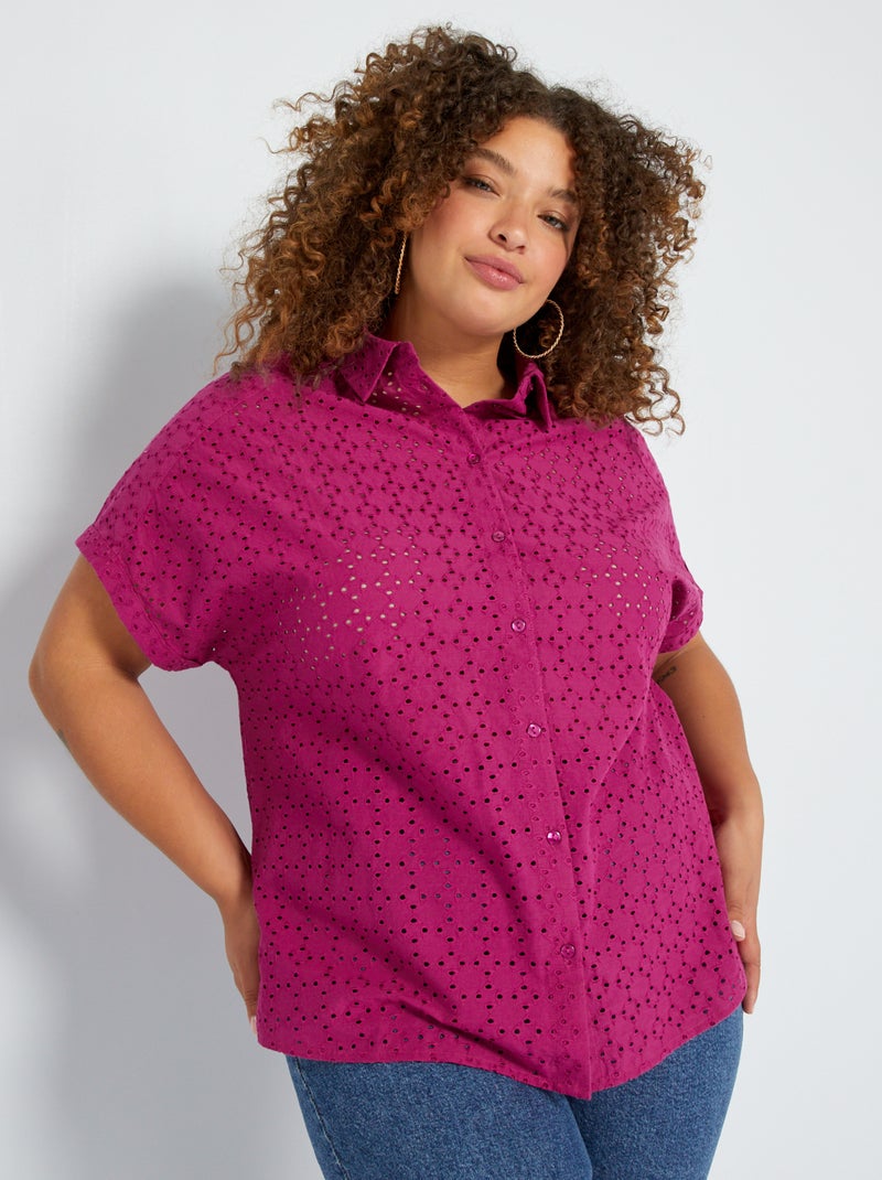 Blouse met korte mouw en Engels kant fuchsia paars - Kiabi