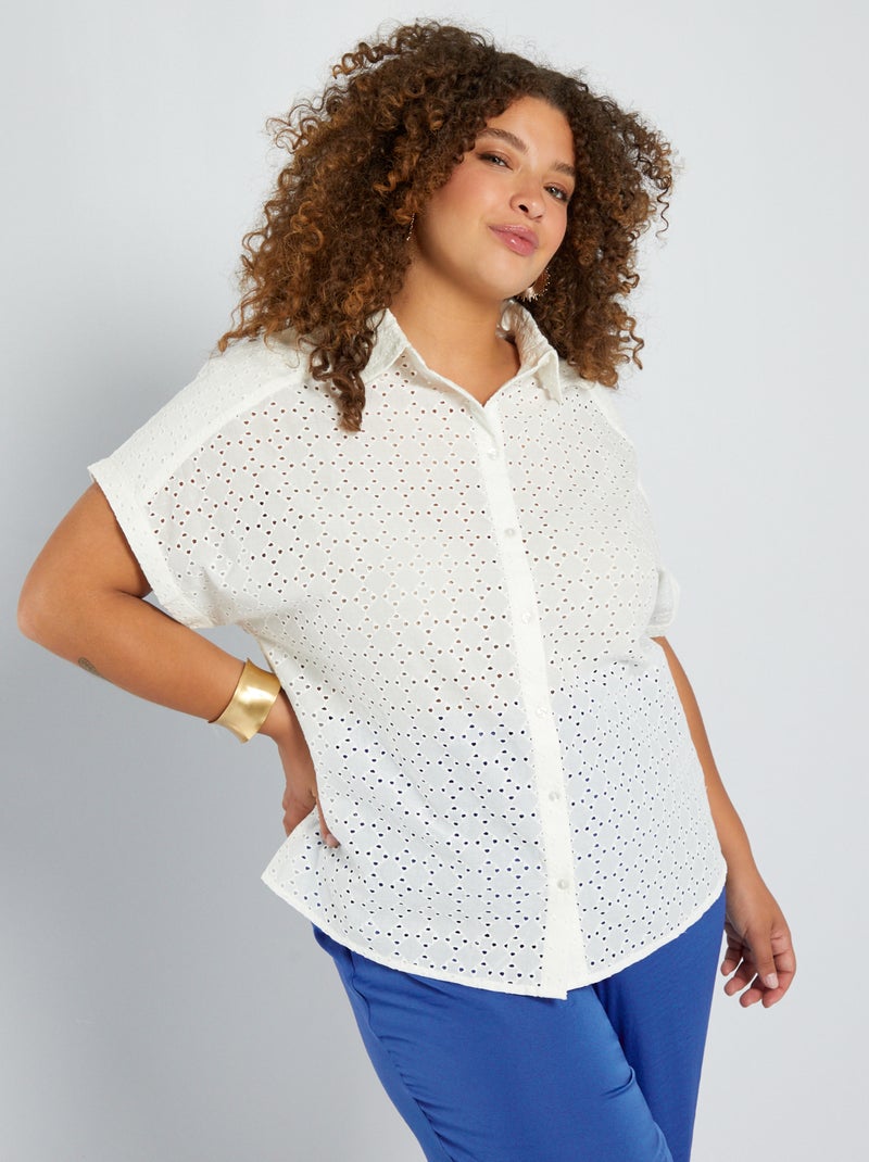Blouse met korte mouw en Engels kant sneeuw wit - Kiabi
