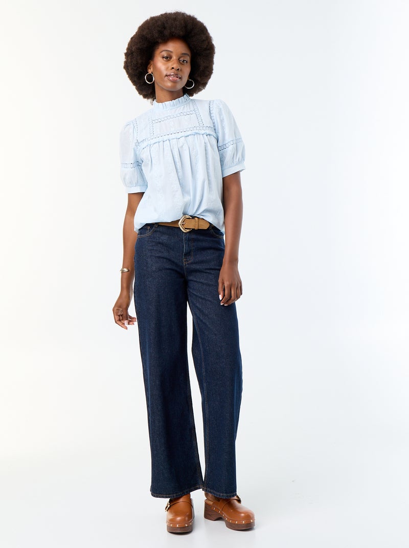 Blouse met korte mouwen en borduursels Blauw - Kiabi