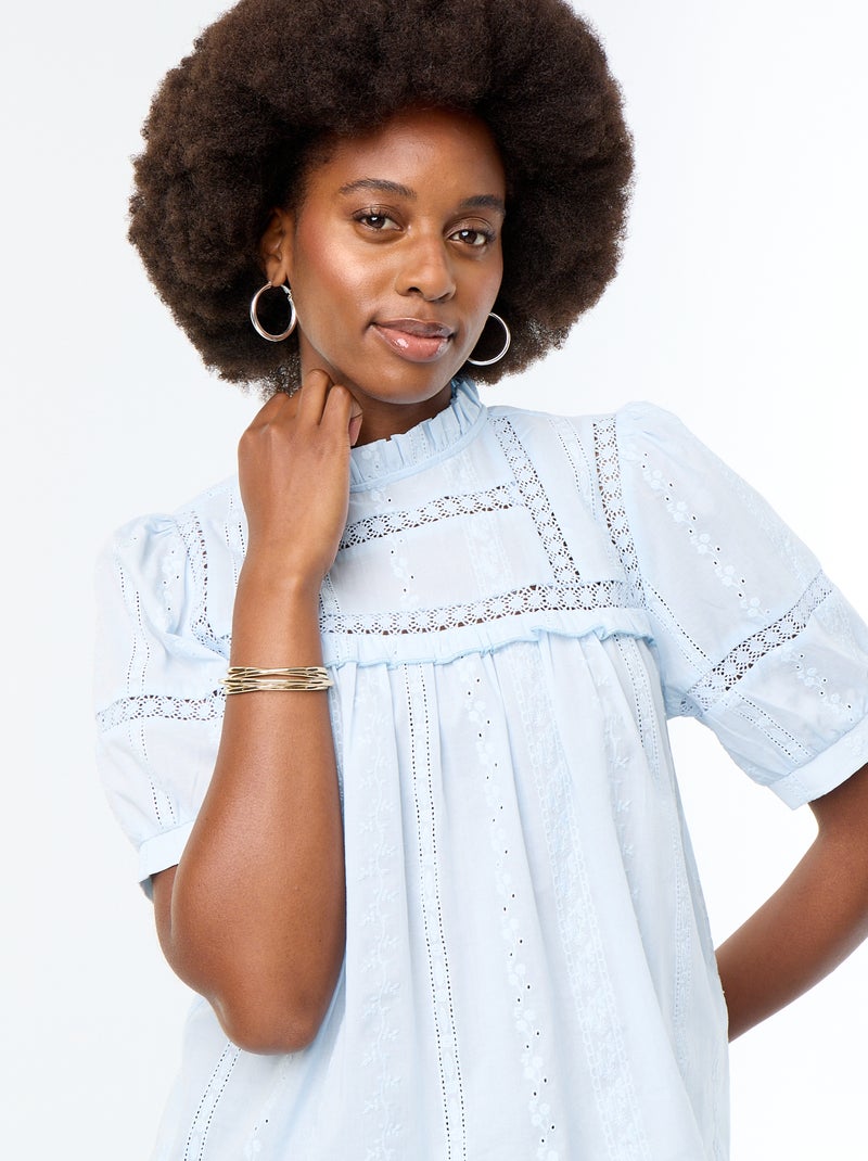 Blouse met korte mouwen en borduursels Blauw - Kiabi
