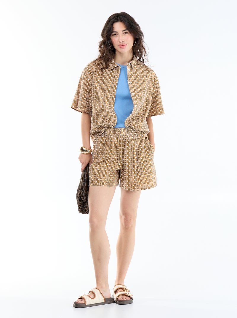 Blouse met korte mouwen en borduursels Bruin - Kiabi