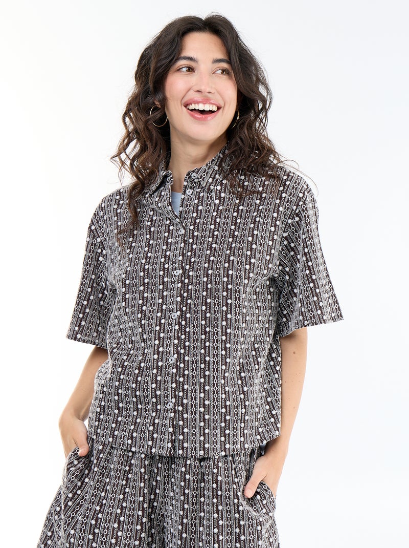 Blouse met korte mouwen en borduursels Bruin - Kiabi