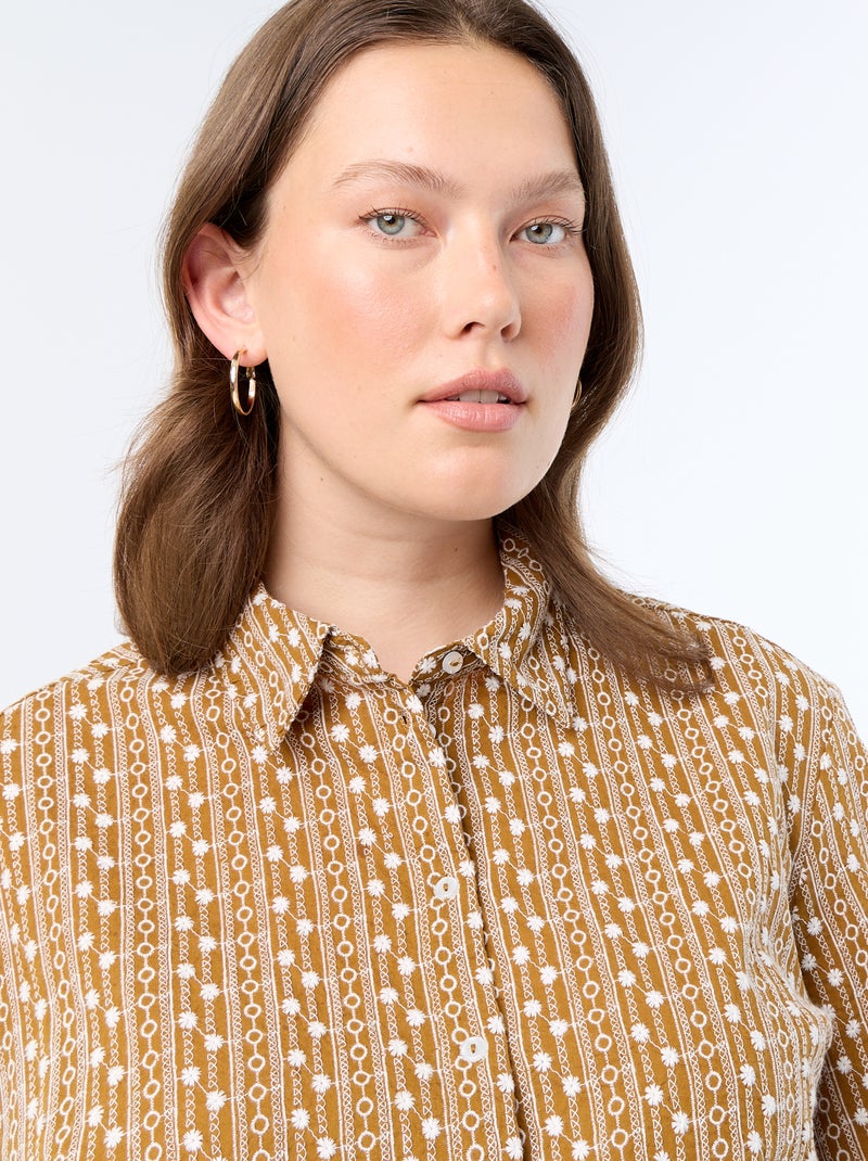 Blouse met korte mouwen en geborduurde print Bruin - Kiabi