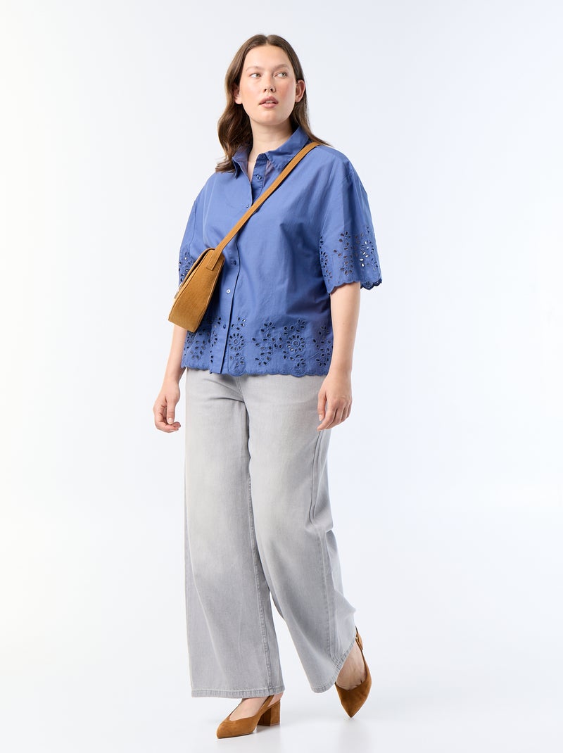 Blouse met korte mouwen en opengewerkte borduursels Blauw - Kiabi