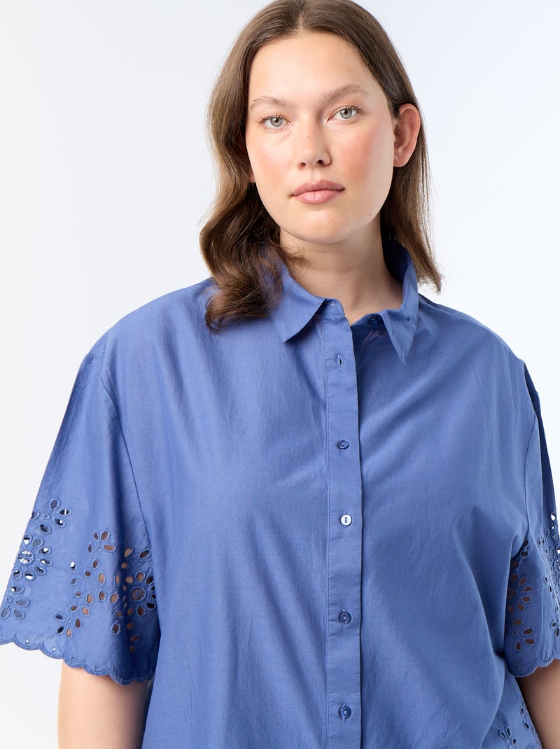 Blouse met korte mouwen en opengewerkte borduursels Blauw - Kiabi