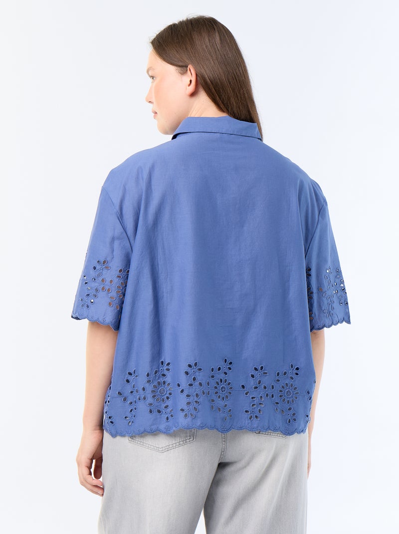 Blouse met korte mouwen en opengewerkte borduursels Blauw - Kiabi