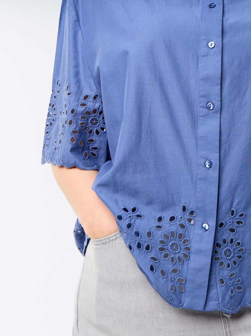 Blouse met korte mouwen en opengewerkte borduursels Blauw - Kiabi