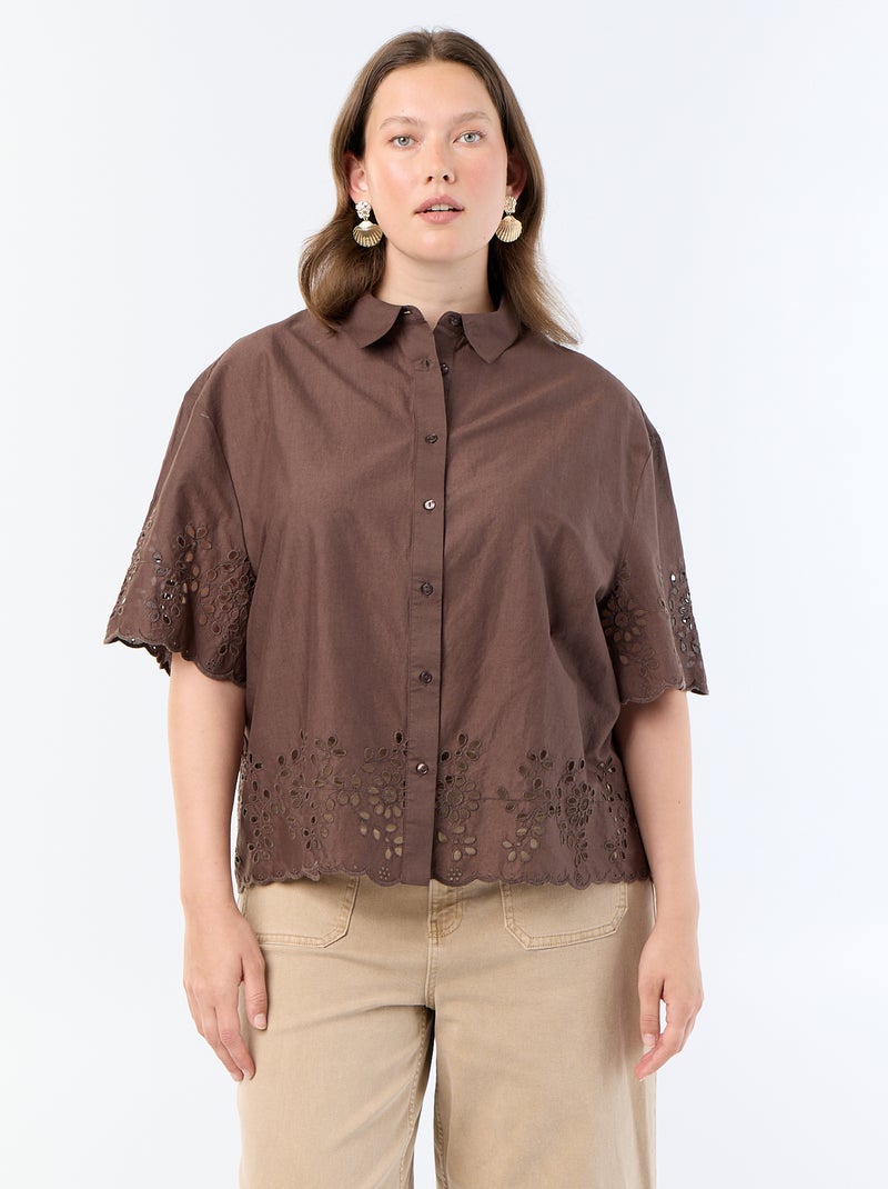 Blouse met korte mouwen en opengewerkte borduursels Bruin - Kiabi