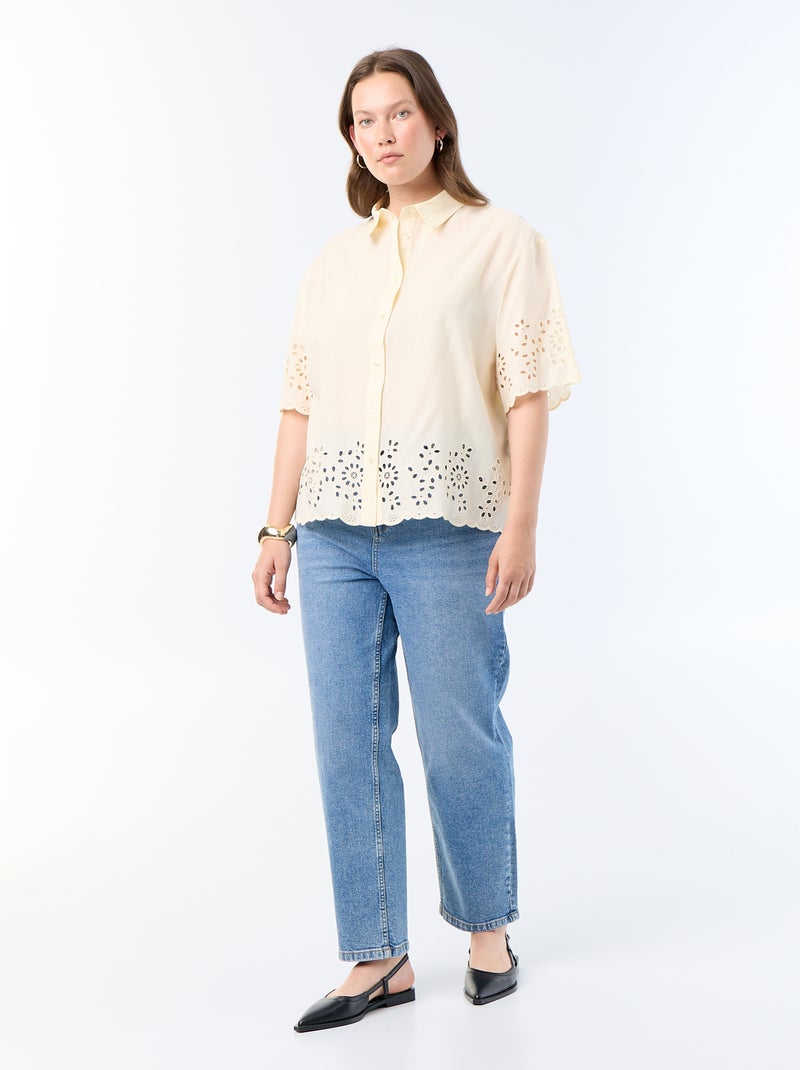 Blouse met korte mouwen en opengewerkte borduursels Geel - Kiabi