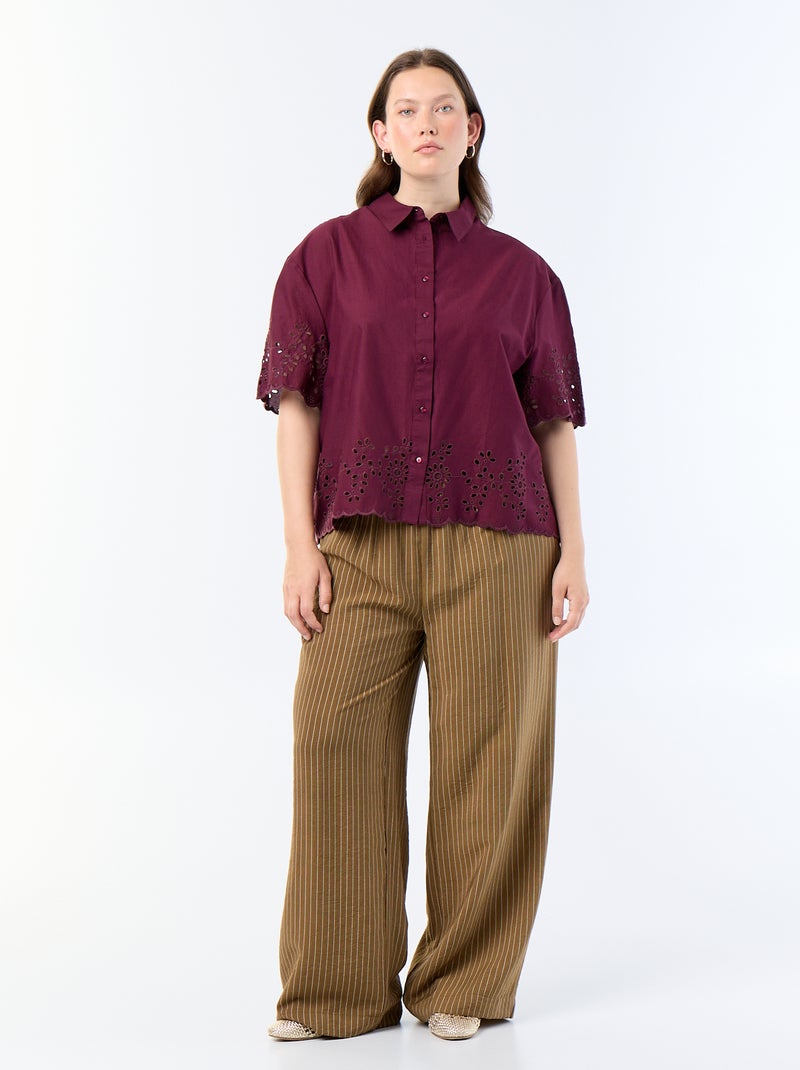 Blouse met korte mouwen en opengewerkte borduursels Paars - Kiabi