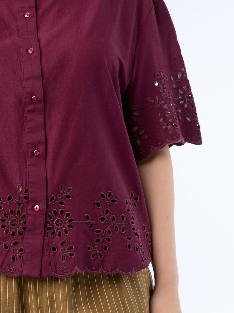 Blouse met korte mouwen en opengewerkte borduursels Paars - Kiabi