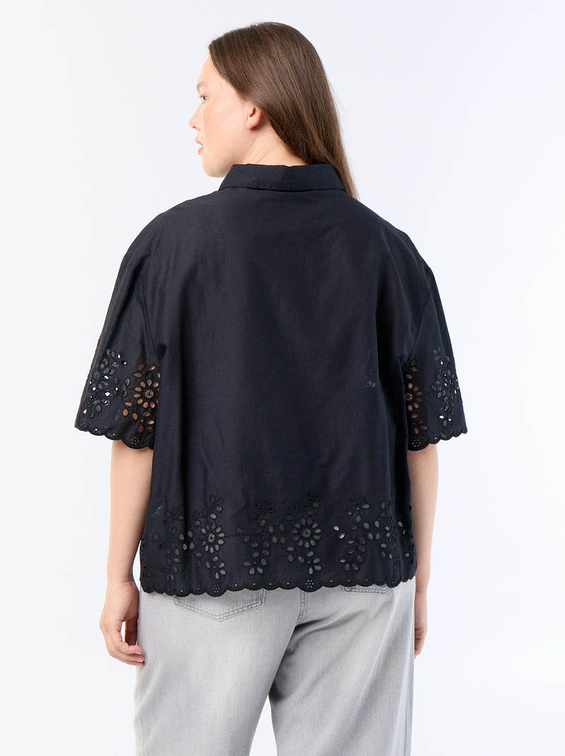 Blouse met korte mouwen en opengewerkte borduursels Zwart - Kiabi