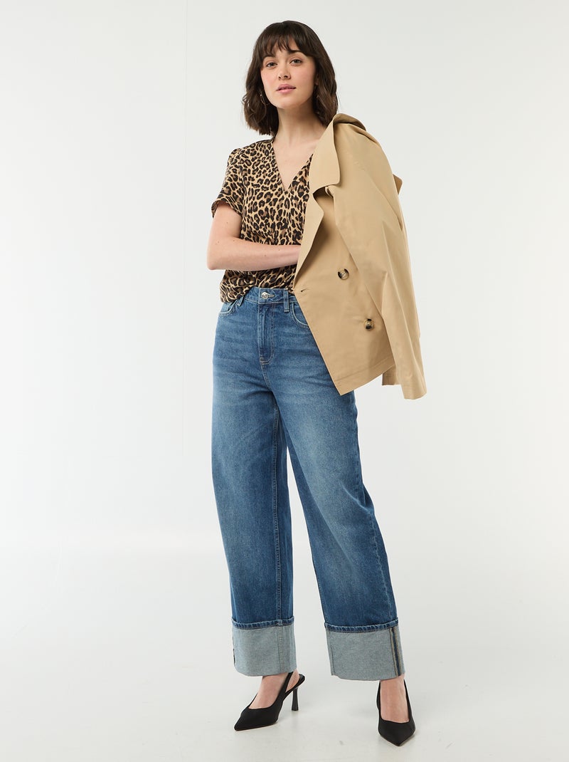 Blouse met korte mouwen en V-hals Biege - Kiabi
