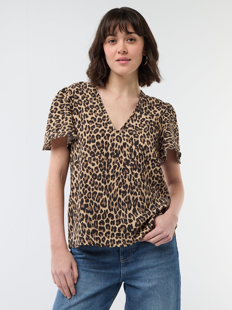 Blouse met korte mouwen en V-hals Biege - Kiabi