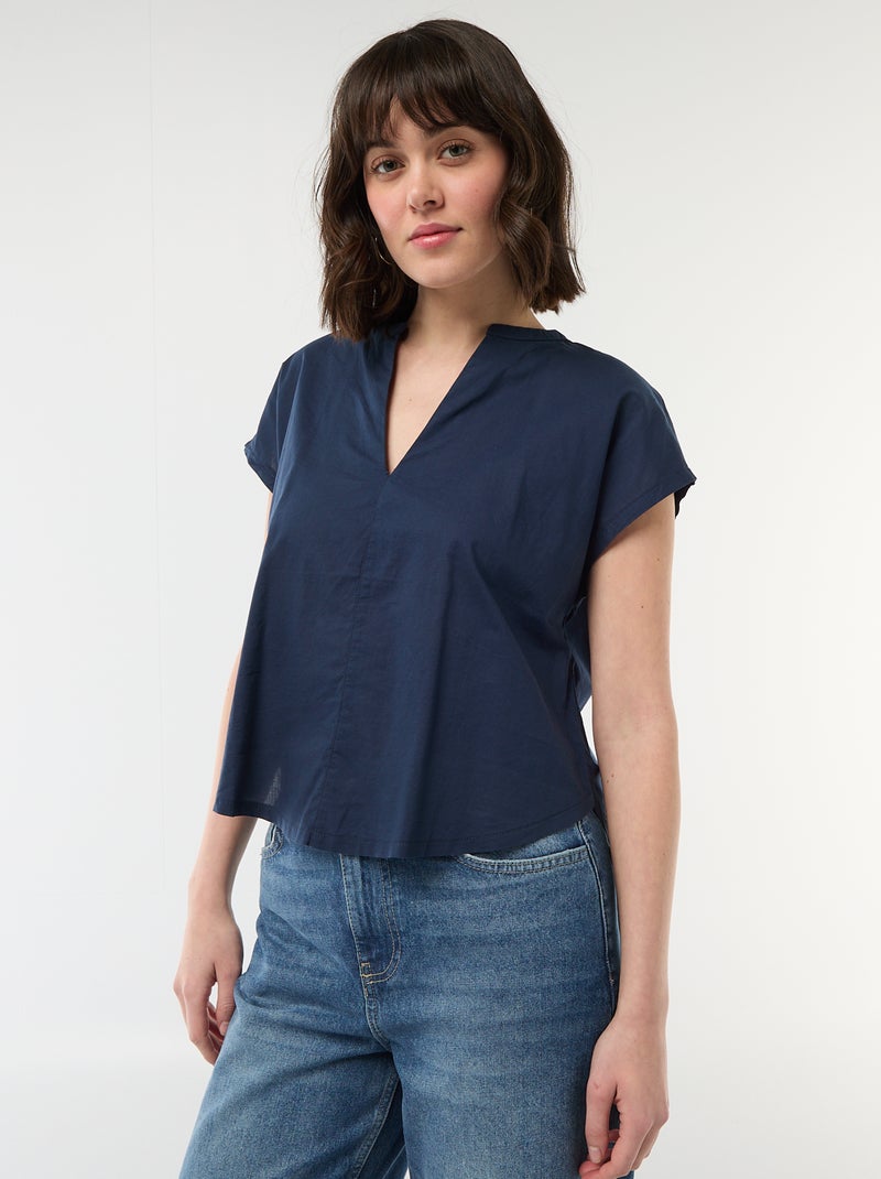 Blouse met korte mouwen en V-hals Blauw - Kiabi