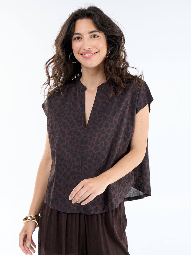 Blouse met korte mouwen en V-hals Bruin - Kiabi