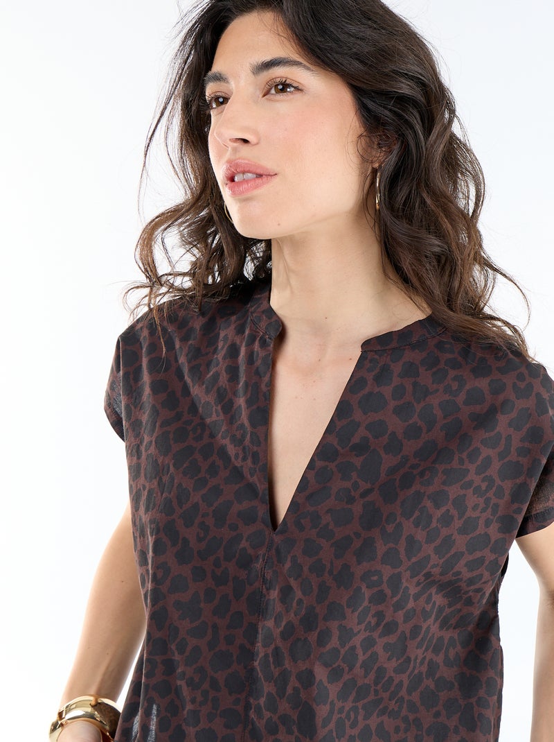 Blouse met korte mouwen en V-hals Bruin - Kiabi