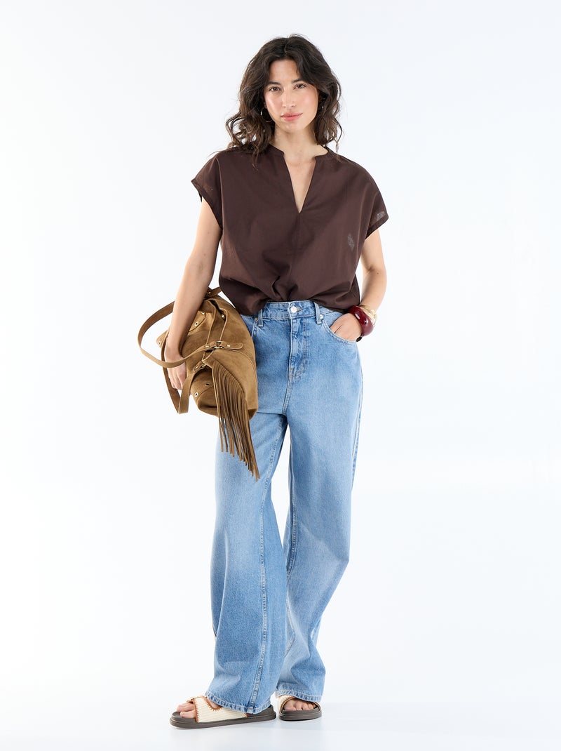 Blouse met korte mouwen en V-hals Bruin - Kiabi