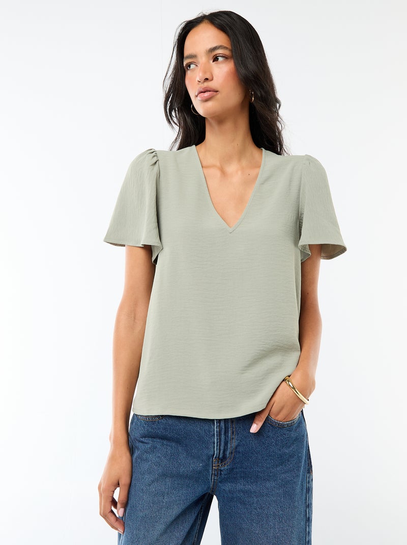 Blouse met korte mouwen en V-hals Groen - Kiabi