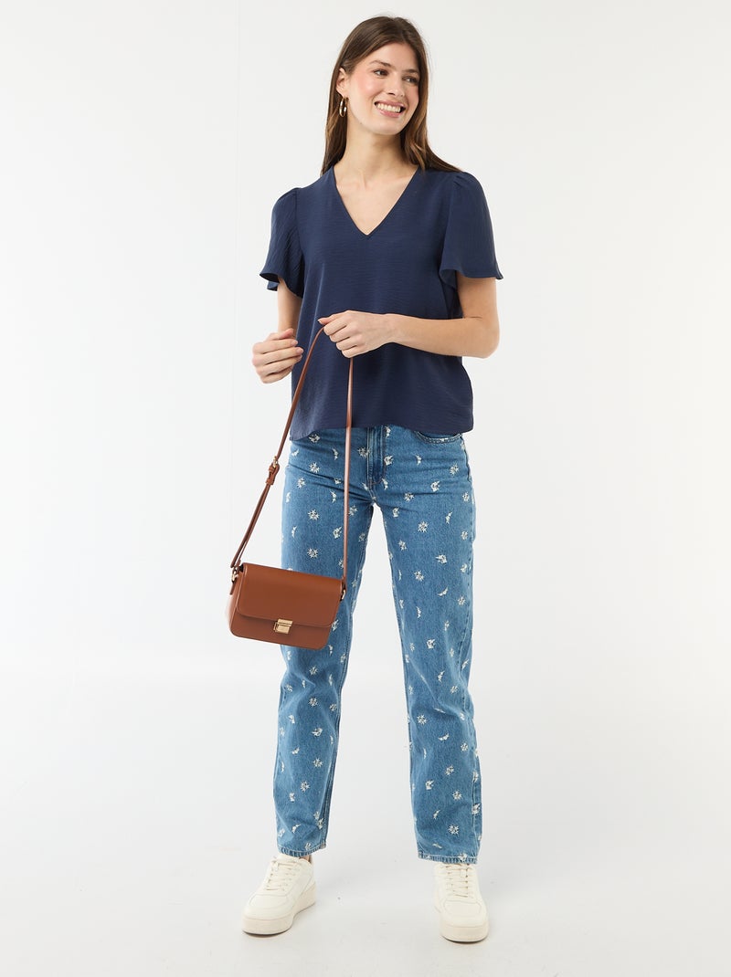 Blouse met korte mouwen en V-hals Marineblauw - Kiabi