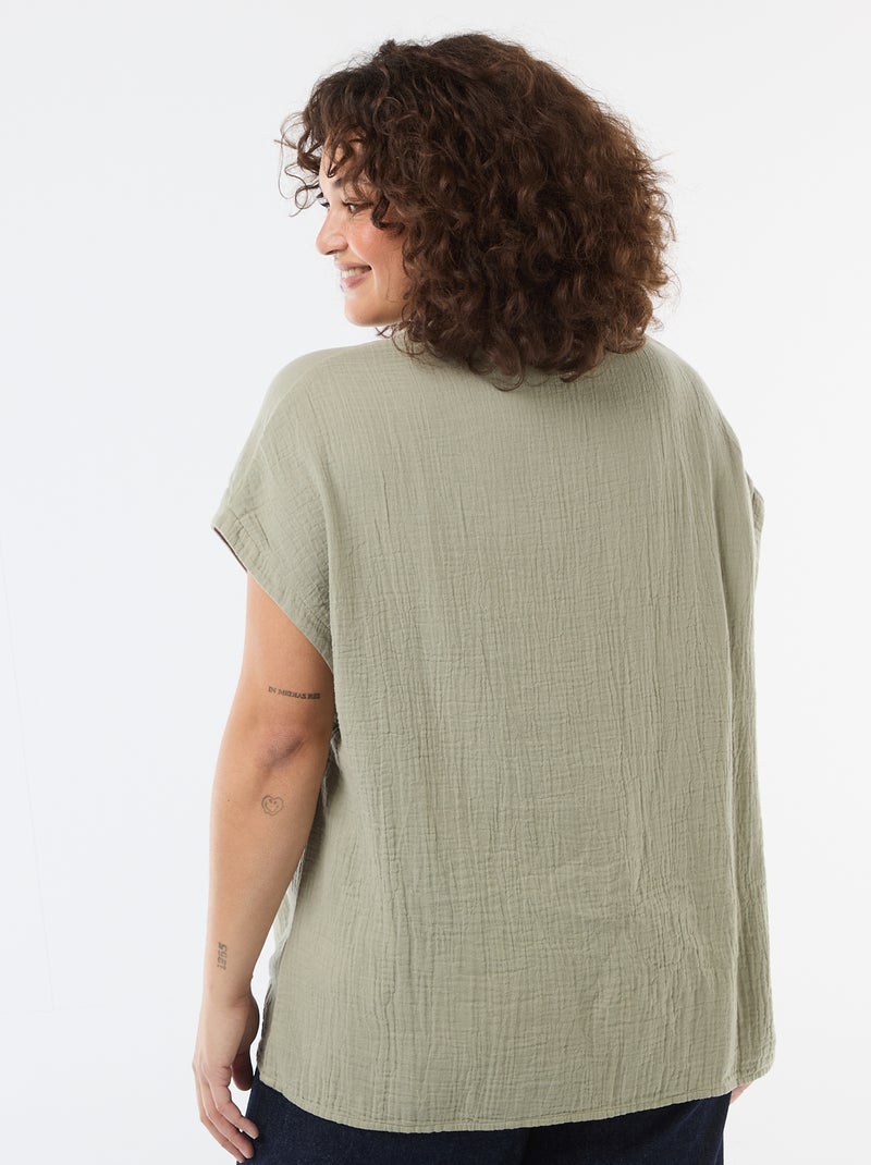 Blouse met korte mouwen van dubbel katoengaas Groen - Kiabi