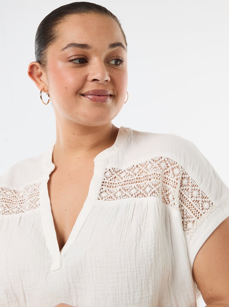 Blouse met korte mouwen van dubbel katoengaas Wit - Kiabi