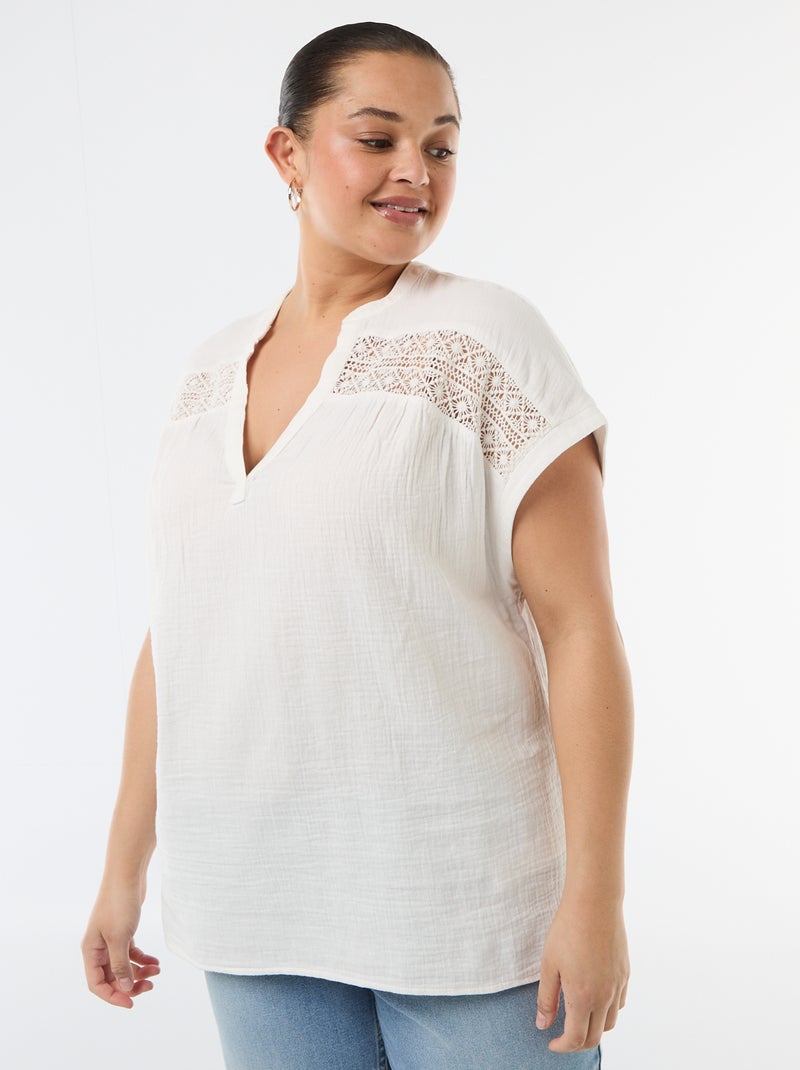 Blouse met korte mouwen van dubbel katoengaas Wit - Kiabi