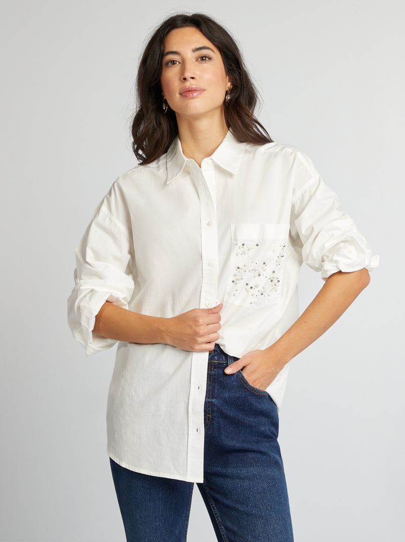 Blouse met kraaltjes op het borstzakje WIT - Kiabi