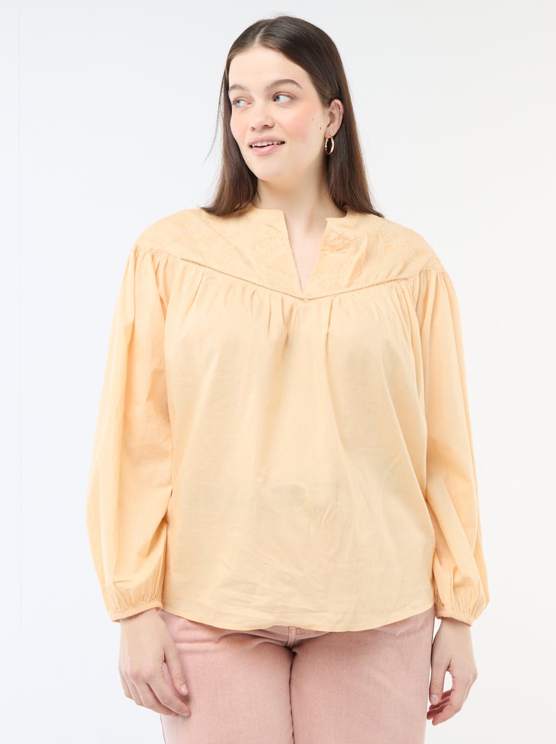 Blouse met lange mouwen en borduursels Biege - Kiabi