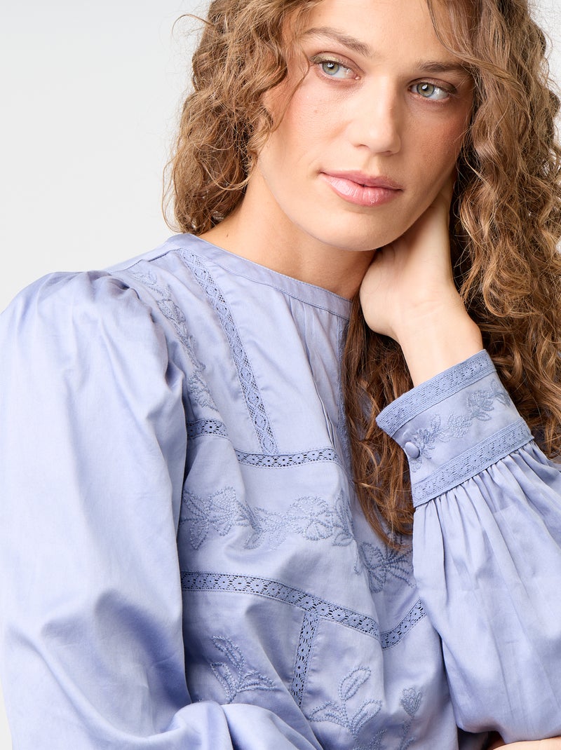 Blouse met lange mouwen en borduursels Blauw - Kiabi
