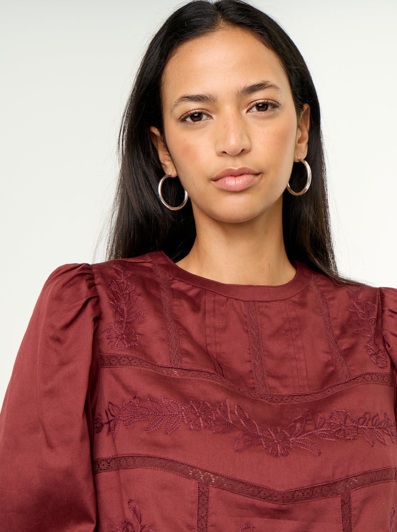 Blouse met lange mouwen en borduursels Rood - Kiabi