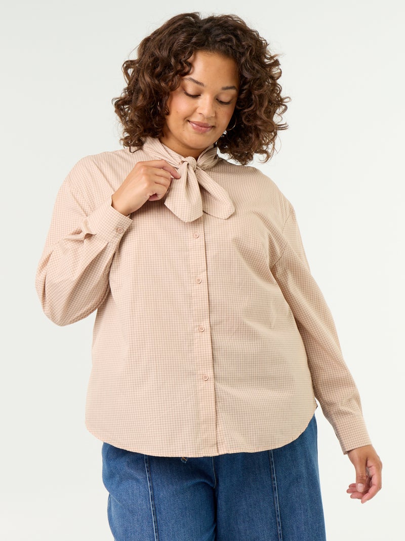 Blouse met lange mouwen en lavallièrekraag Biege - Kiabi