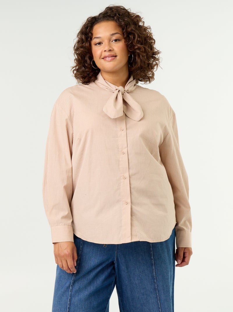 Blouse met lange mouwen en lavallièrekraag Biege - Kiabi