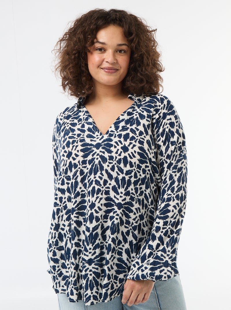 Blouse met lange mouwen en puntkraag Blauw - Kiabi