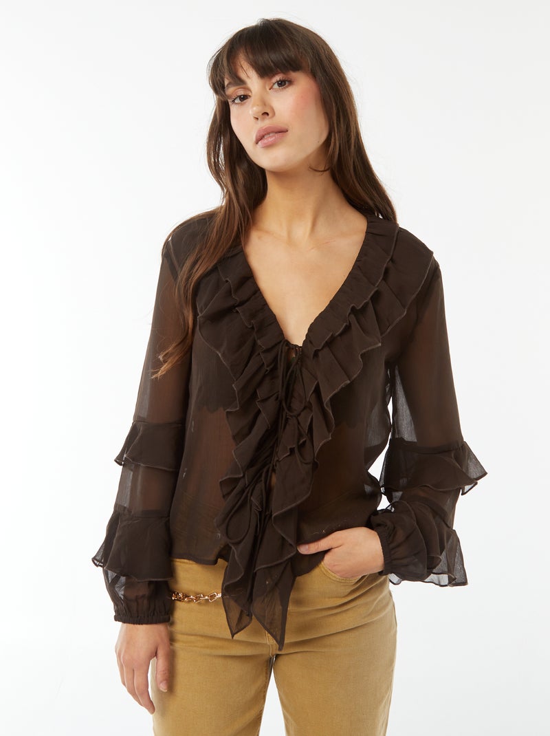 Blouse met lange mouwen met ruche Bruin - Kiabi