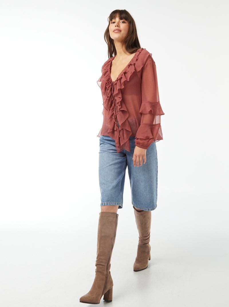 Blouse met lange mouwen met ruche Rood - Kiabi