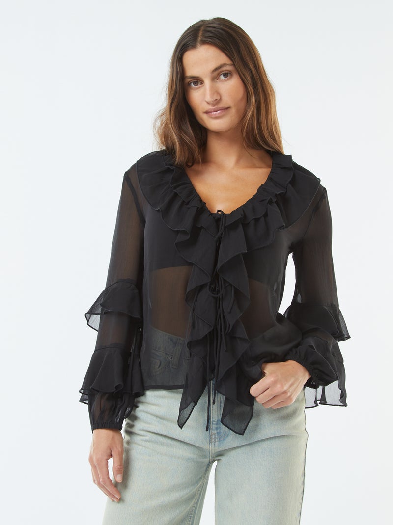 Blouse met lange mouwen met ruche zwart - Kiabi