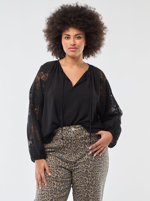 Blouse met lange mouwen van kant en striksluiting aan de kraag - Kiabi