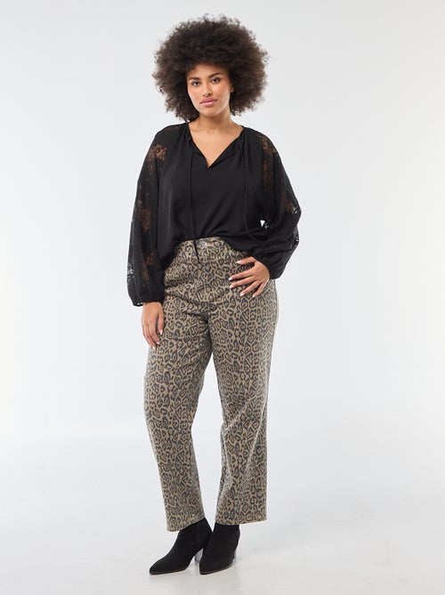 Blouse met lange mouwen van kant en striksluiting aan de kraag - Kiabi