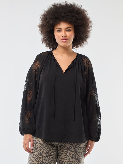 Blouse met lange mouwen van kant en striksluiting aan de kraag - Kiabi