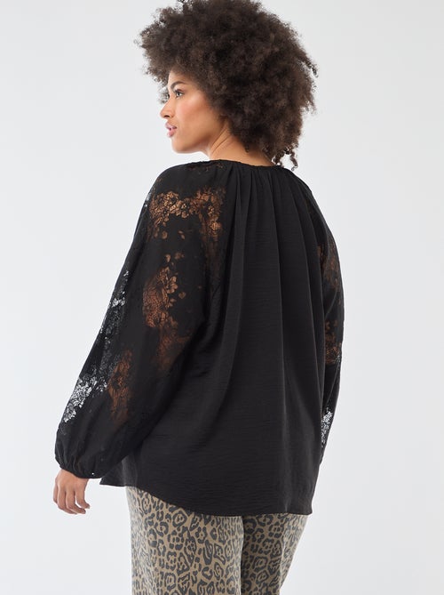 Blouse met lange mouwen van kant en striksluiting aan de kraag - Kiabi