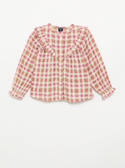 Blouse met lange mouwen van katoenen gaasstof met ruches - Kiabi