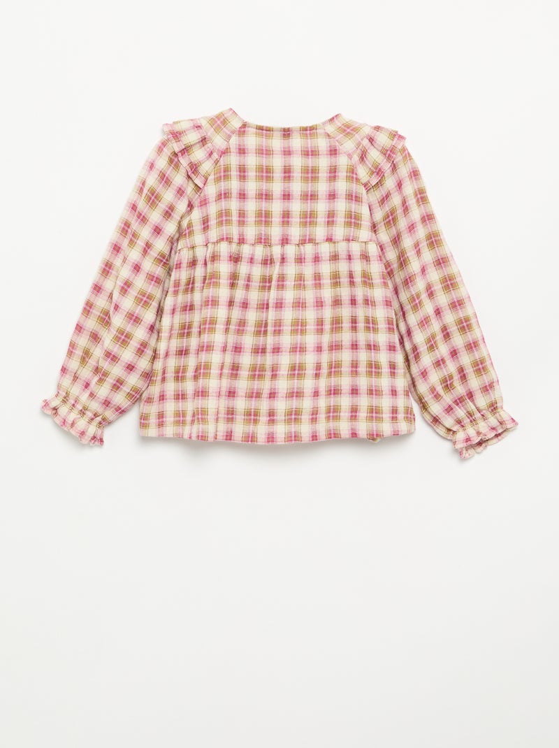 Blouse met lange mouwen van katoenen gaasstof met ruches Rose - Kiabi