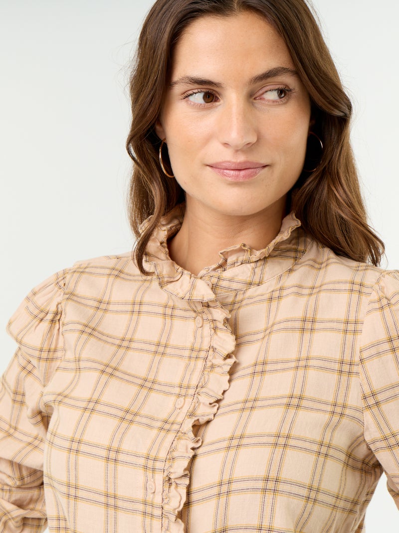 Blouse met opstaande kraag en ruches Biege - Kiabi