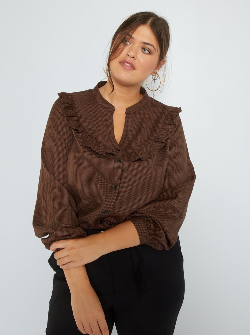 Blouse met pied-de-poule-motief en volants aan de hals BIEGE - Kiabi