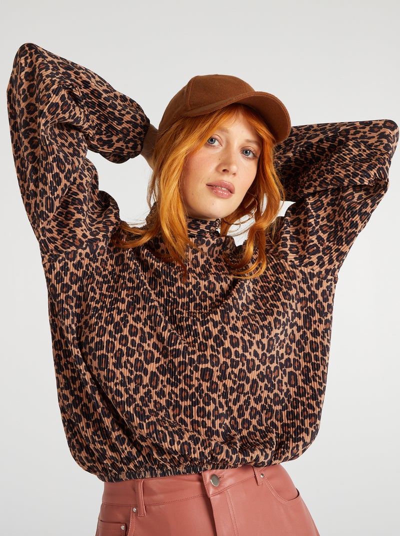 Blouse met plooien en opstaande kraag BRUIN - Kiabi