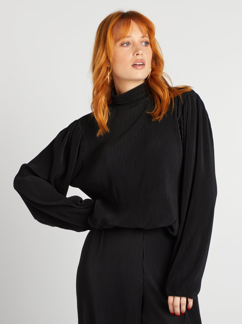 Blouse met plooien en opstaande kraag zwart - Kiabi